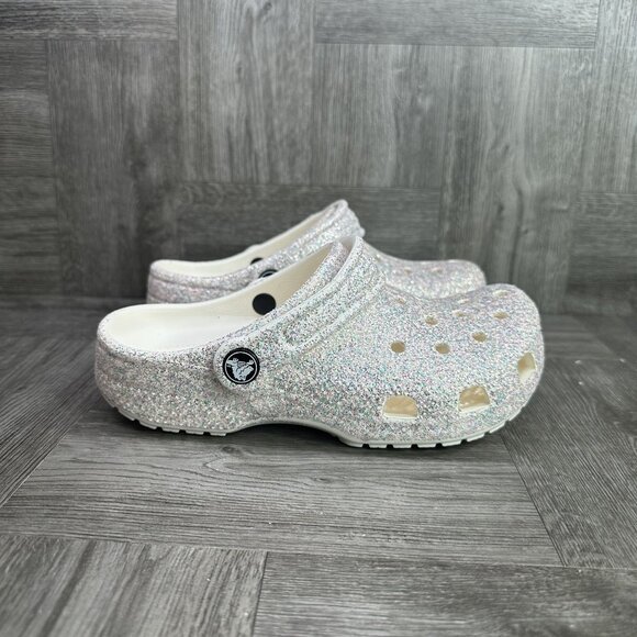 CROCS Classics Kids size 2 White Glittered Multicolored Clog - Picture 1 of 7